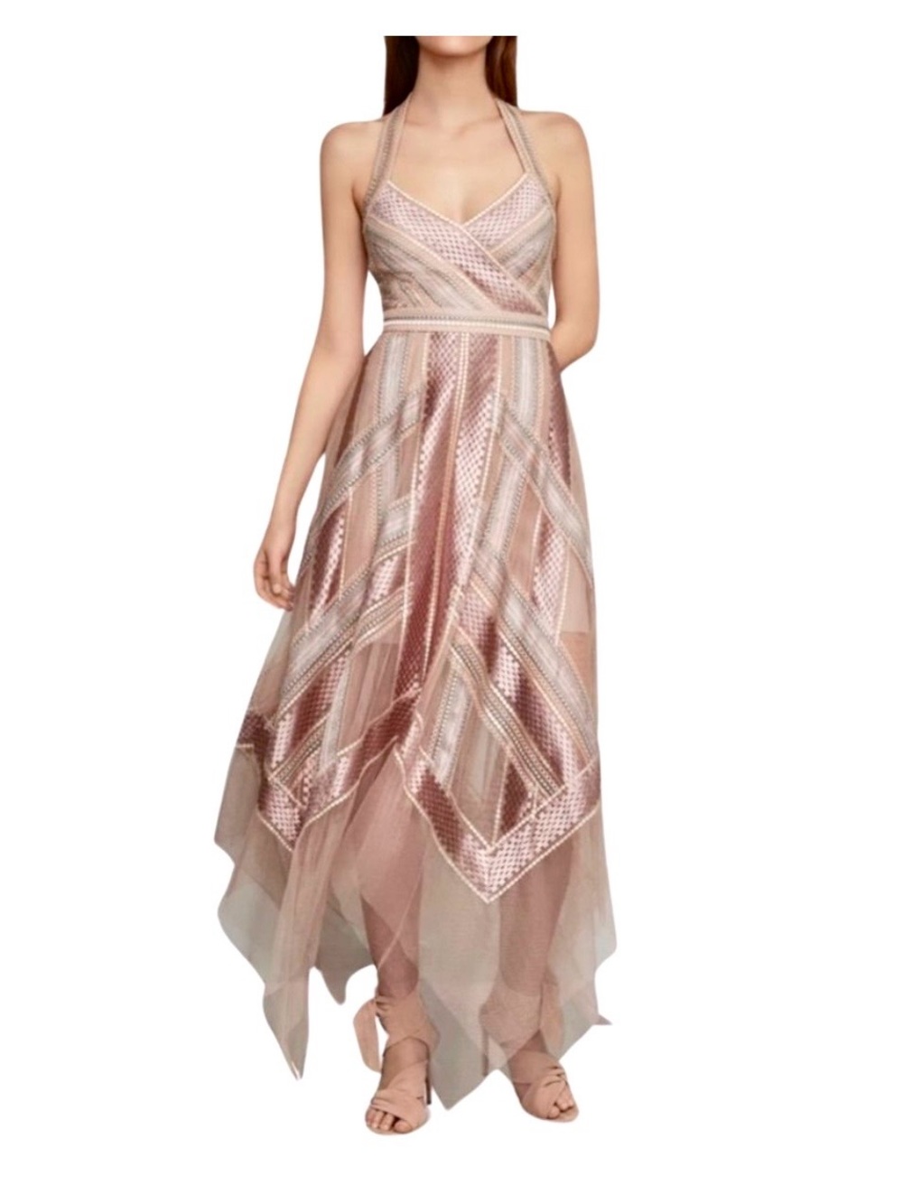 BCBGMAXAZARIA PINK/NUDE/METALLIC TULLE ETHEREAL GODDESS HANDKERCHIEF DRESS Sz2 - Picture 5 of 16
